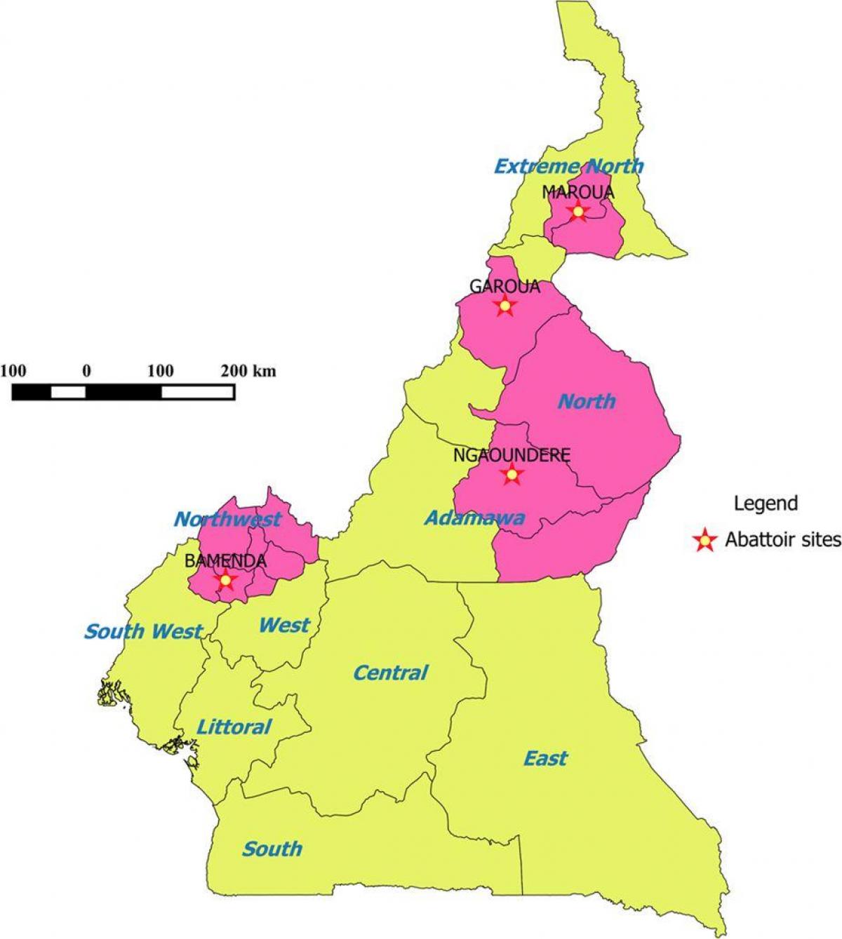 Kamerūnas rodo regionų žemėlapis
